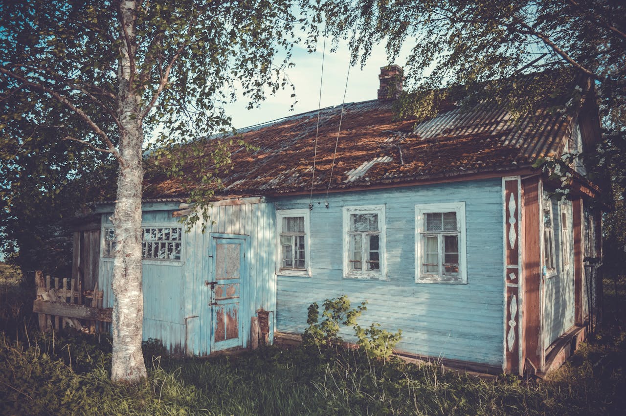 Charming rustic wooden cabin surrounded by trees in a serene forest setting, Krasnoyarsk, Russia.